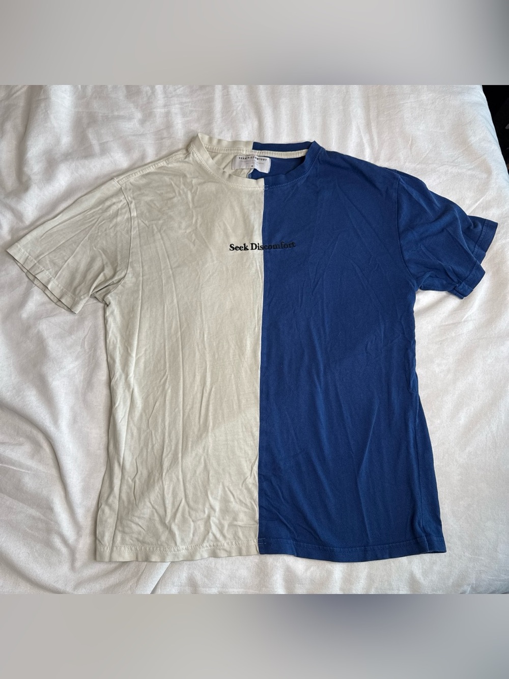 Seek Discomfort Yes Theory Two Tone Blue and Cream Embroidered Medium T Shirt